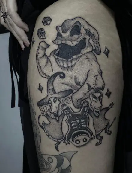 Black and Grey Oogie Boogie and Lock, Shock and Barrel Arm Tattoo