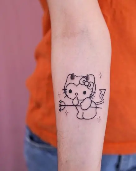 Minimalistic Hello Kitty with Devil Horns, Tail and Trident Forearm Tattoo