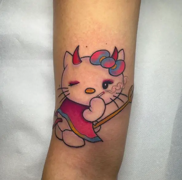 Colorful Hello Kitty with Devil Horns, Trident and Cigarette Arm Tattoo