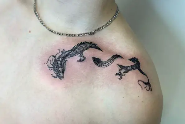 Black and Grey Dragon Collarbone Tattoo