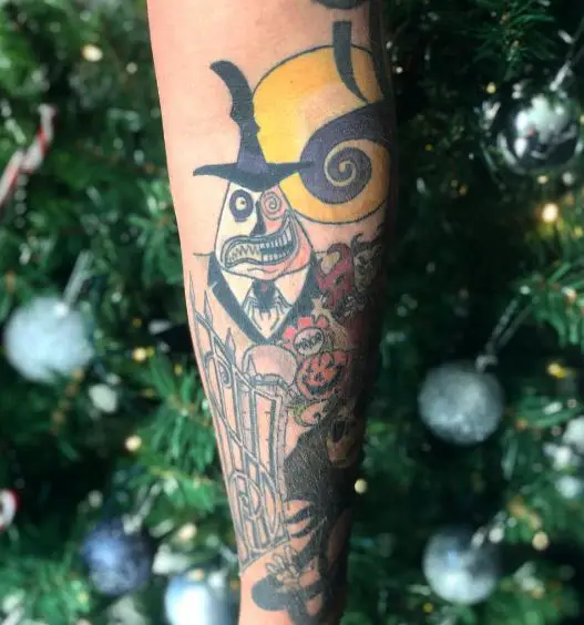 Colorful Jack Skellington and The Mayor Forearm Tattoo