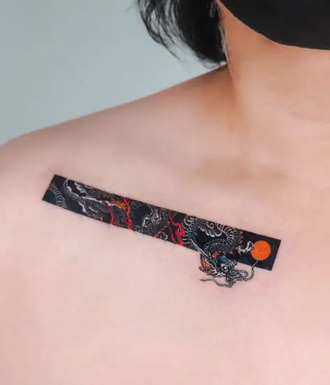 Rectangle Framed Dragon Collarbone Tattoo
