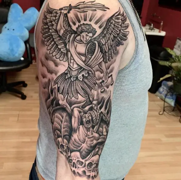 Skulls and Saint Michael with Sword Defeating Satan Arm Tattoo