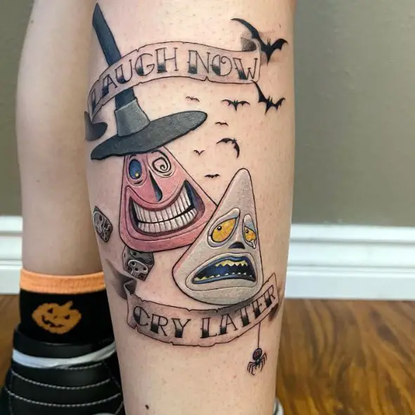 Colorful Two Faces of The Mayor with Script Leg Tattoo
