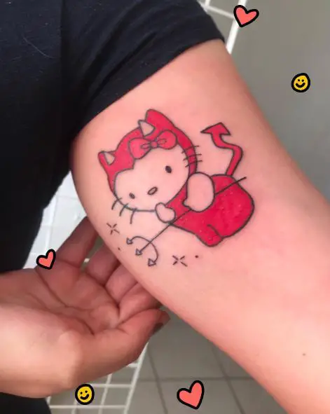 Red Hello Kitty with Devil Horns, Tail and Trident Arm Tattoo