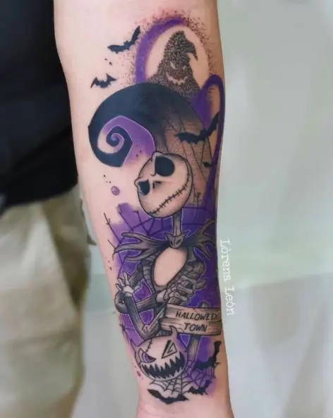 Colored Jack Skellington and Oogie Boogie Forearm Tattoo