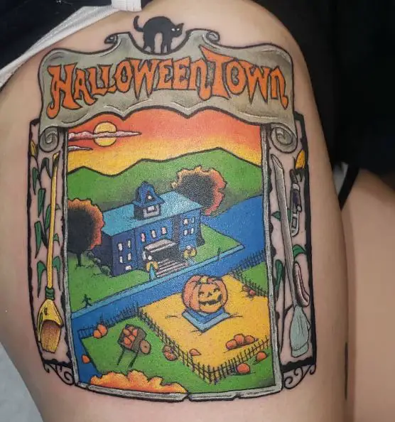 Colorful Picture of Halloween Town Thigh Tattoo