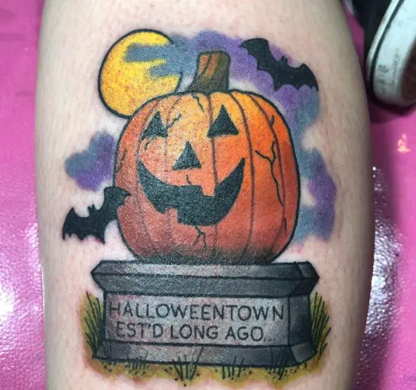Colorful Bats and Halloween Pumpkin with Script Tattoo