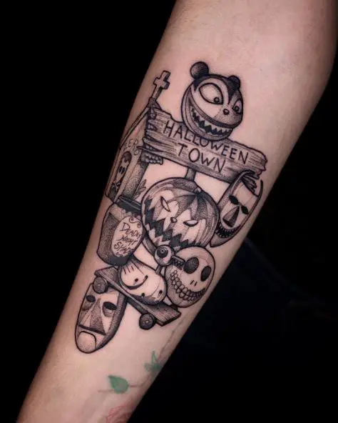 Black and Grey Halloween Town Sign with Lock, Shock and Barrel Tattoo