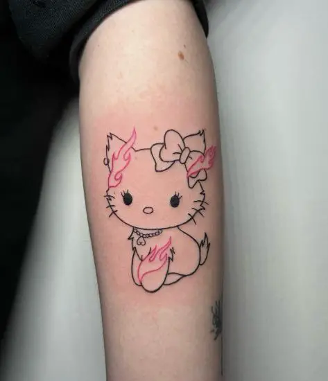 Hello Kitty with Red Flames Arm Tattoo