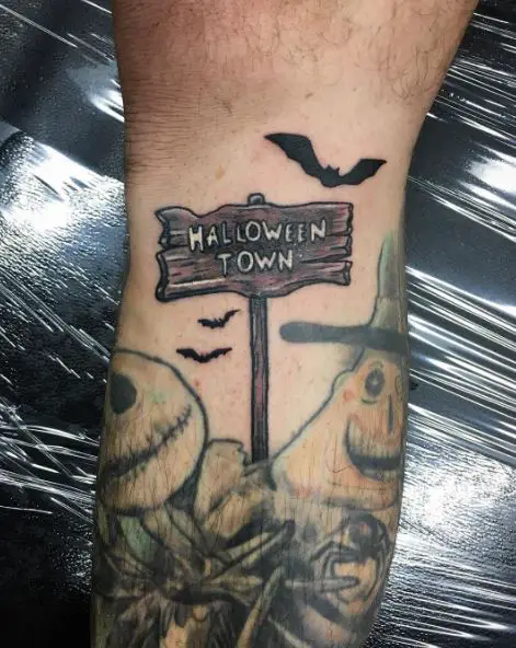 Bats and Halloween Town Sign, with Jack and The Mayor Leg Tattoo