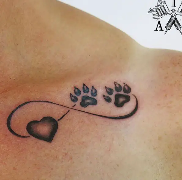 Black and Grey Dog Paws and Heart Collarbone Tattoo