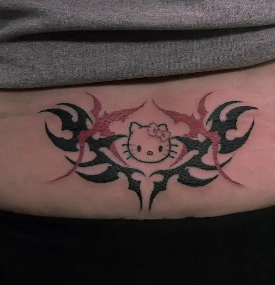 Black and Red Tribal Hello Kitty Lower Back Tattoo