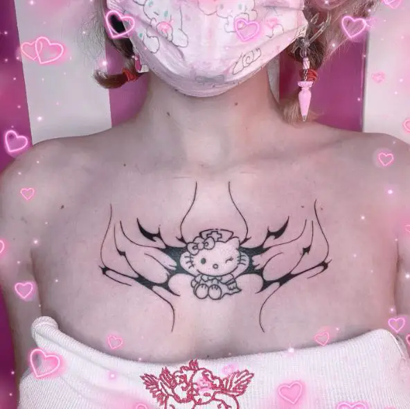 Black Tribal Hello Kitty Chest Tattoo