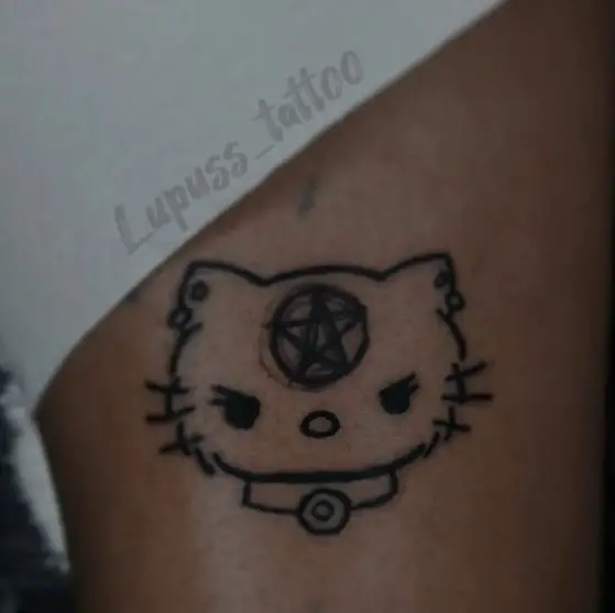 Black and Grey Goth Hello Kitty with Pentagram Tattoo
