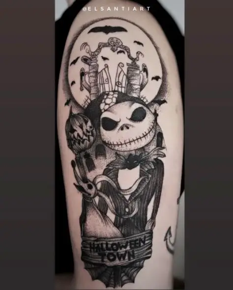 Black and Grey Jack with Zero, and Halloween Town Sign Arm Tattoo