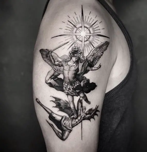 Sun and Saint Michael with Sword Defeating Satan Arm Tattoo