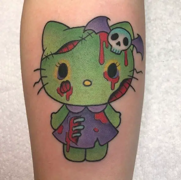 Colorful Bloody Goth Hello Kitty with Skull Arm Tattoo