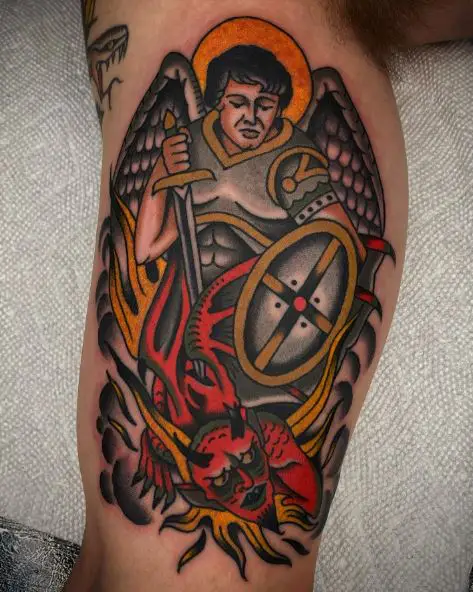 Traditional Saint Michael with Sword and Shield Defeating Satan Arm Tattoo