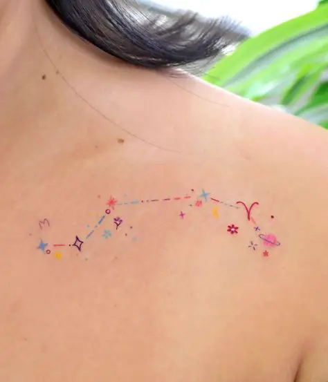 Colorful Zodiac Aries and Stars Collarbone Tattoo