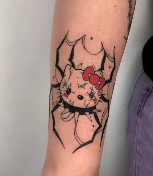 Black and Red Spider Goth Hello Kitty Forearm Tattoo