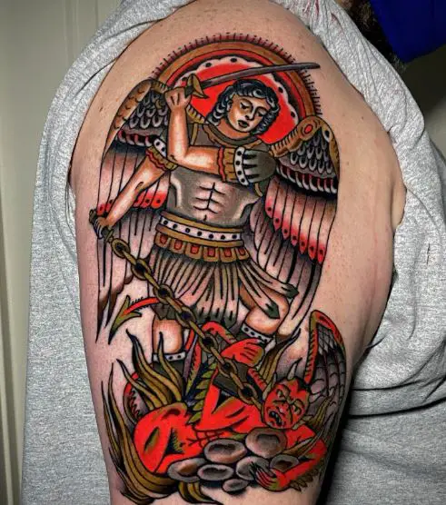 Traditional Saint Michael with Sword and Chain Defeating Satan Arm Tattoo