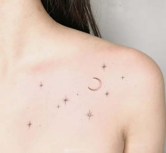 Black and Grey Moon and Stars Collarbone Tattoo