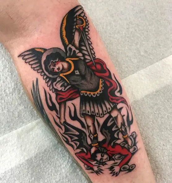 Colorful Traditional Saint Michael with Sword Defeating Satan Arm Tattoo