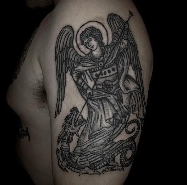Black and Grey Saint Michael with Spear Killing Dragon Arm Tattoo