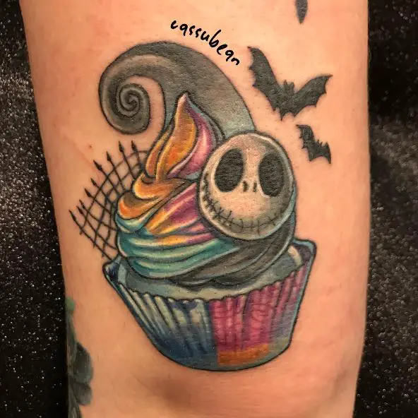 Colored Bats, Jack Skellington and Cupcake Elbow Tattoo