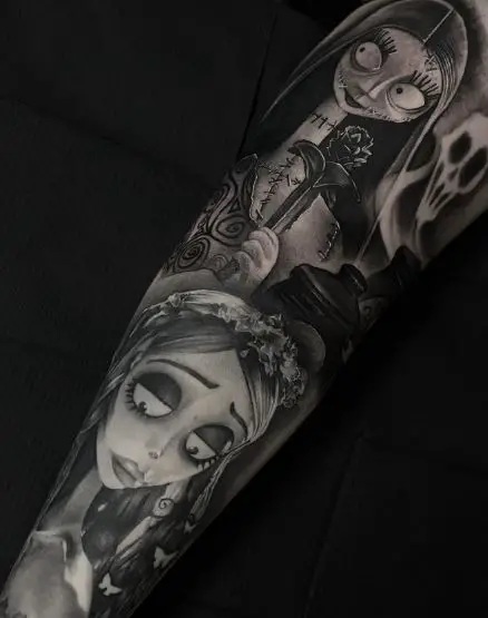 Black and Grey Emily the Corpse Bride and Sally Arm Sleeve Tattoo