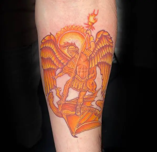 Orange Sun and Saint Michael with Spear Killing Dragon Forearm Tattoo