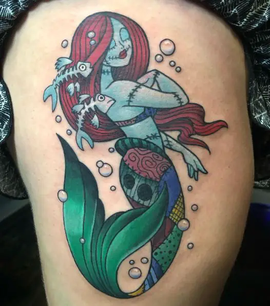 Colorful Sally as Little Mermaid Thigh Tattoo