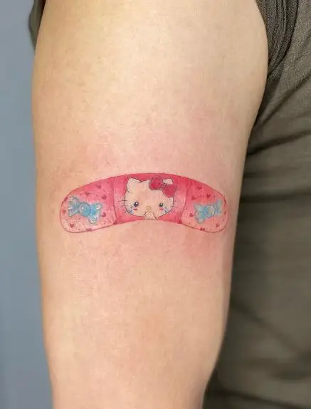 Colorful Cinnamoroll and Hello Kitty Band-Aid Biceps Tattoo