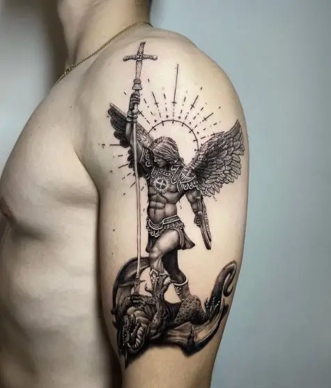 Sun and Saint Michael with Spear Killing Dragon Arm Tattoo