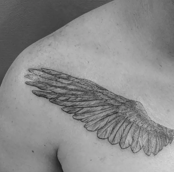 Grey Shaded Angel Wings Collarbone Tattoo