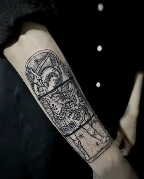 Black and Grey Saint Michael with Sword and Halo Forearm Stained Glass Tattoo