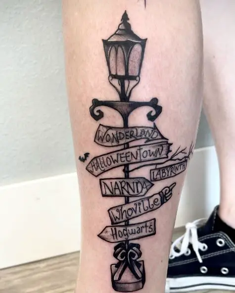 Black and Grey Street Lamp with Town Signs Leg Tattoo