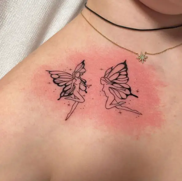 Black and Grey Two Fairies Collarbone Tattoo