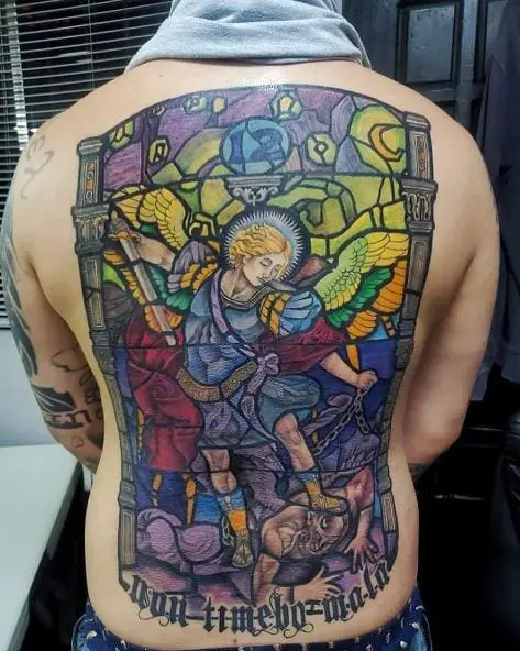 Colorful Saint Michael with Sword and Halo Back Stained Glass Tattoo