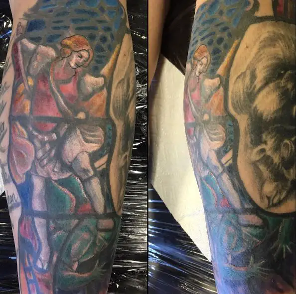 Colorful Saint Michael with Sword Stained Glass Tattoo