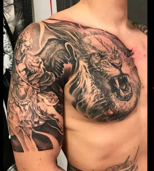 Roaring Lion and Saint Michael with Sword Chest and Arm Tattoo