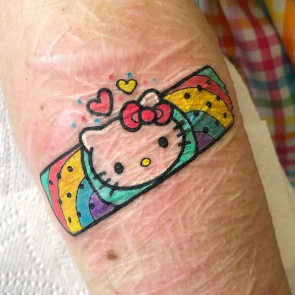 Rainbow Colors Hello Kitty Band-Aid with Hearts Arm Tattoo