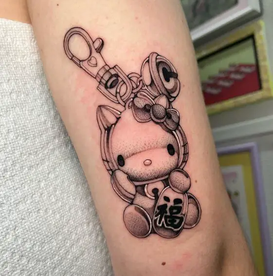 Black and Grey Hello Kitty Key Tag Arm Tattoo