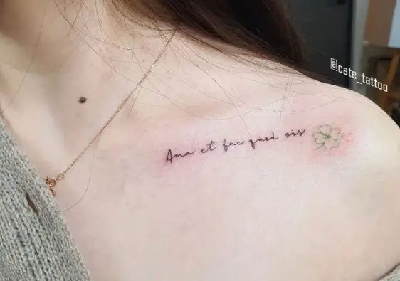 Script with Four Leaf Clover Collarbone Tattoo