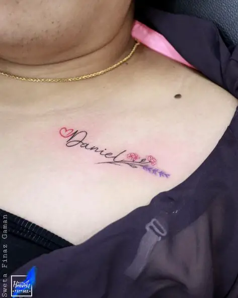 Script with Heart and Flowers Collarbone Tattoo