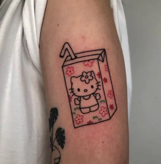 Juice Box Hello Kitty with Red Flowers Arm Tattoo