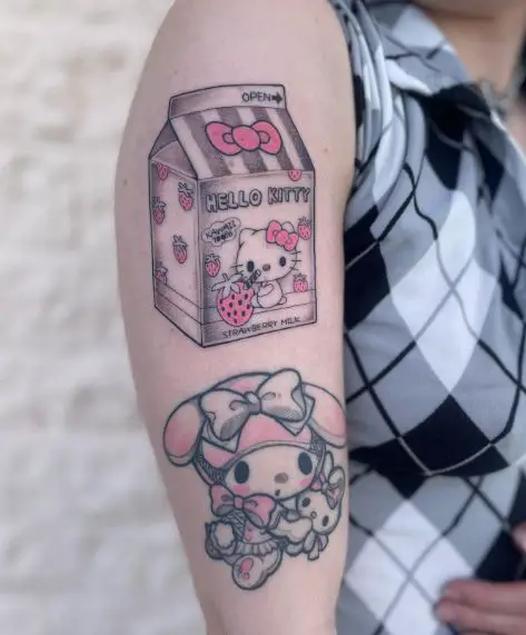 Juice Box Hello Kitty with Red Strawberries Arm Tattoo