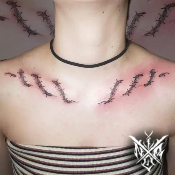 Black and Grey Barbed Wire Collarbone Tattoo