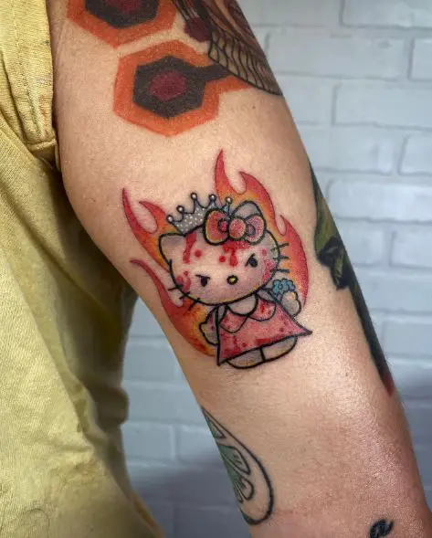 Colorful Hello Kitty as Carrie Crossover Arm Tattoo